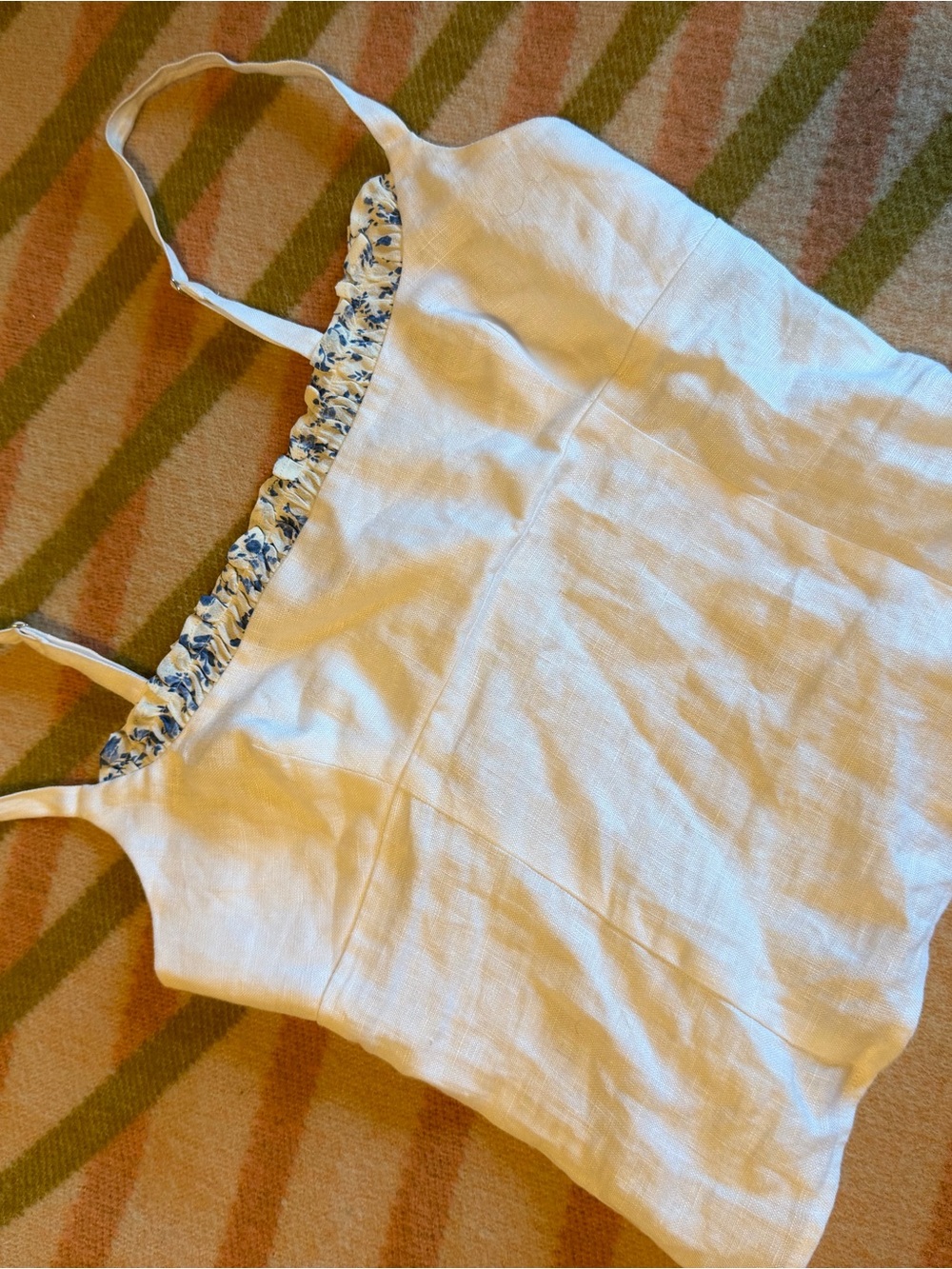 Reformation White 100% Linen Spaghetti Strap Cami with Blue Floral Trim